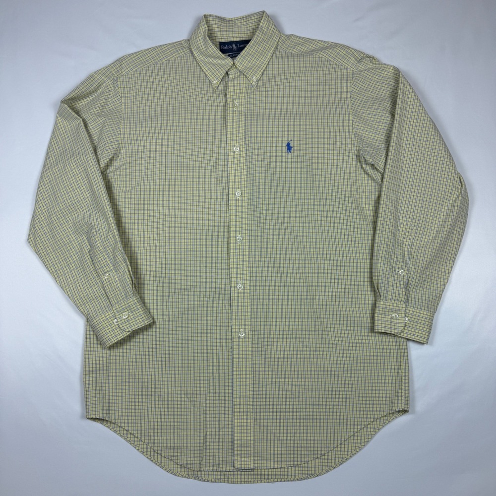 Ralph‎ Lauren Button Down Mens 15.5 Yellow Blue Classic Fit Check Plaid Cotton